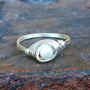 Dainty Pearl Beaded Ring, Wire Wrapped, Silver, Size 9 Minimalist Artisan